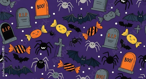 Spooky Halloween seamless pattern with bats, spiders, candy, and RIP tombstones on purple background