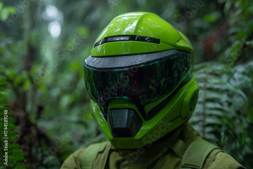 Green helmeted figure in dense tropical forest during a misty day
