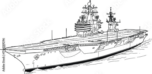 Aircraft carrier line drawing, detailed naval warship illustration, military vessel sketch, battleship blueprint, maritime engineering art, ocean defense ship design