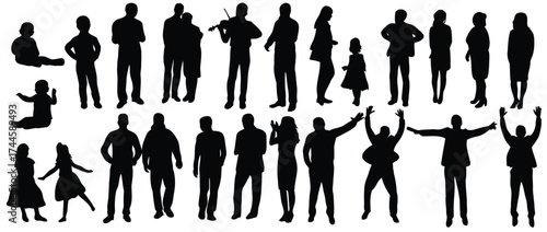 people, silhouette, group, collection, set, men, women, children, standing, sitting, walking, dancing, playing, holding, violin, figures, black, white, isolated, casual, family, movement, body, shape,