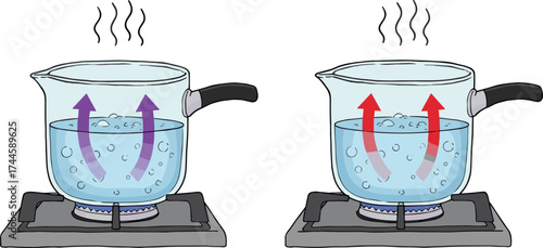 Boiling water in transparent pot, convection currents with arrows, steam rising, thermodynamics concept, fluid dynamics, heat transfer, science education illustration