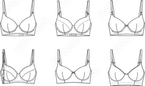 Bra design illustration, lingerie technical drawing, fashion flat sketch, undergarment pattern sheet, sewing template, apparel construction, intimate wear design, vector outline
