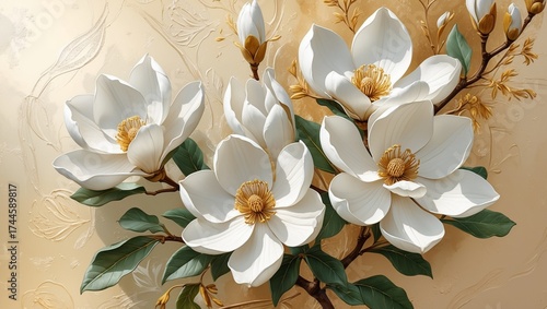a stunning illustration of Botanical Illustration of white magnolia flowers—generative ai