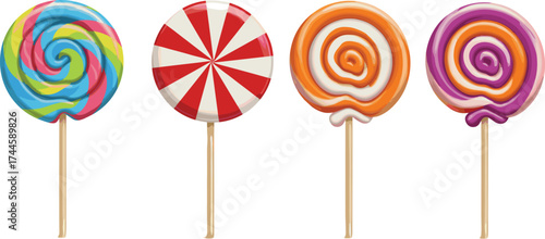 Colorful swirl lollipops collection, sweet candy illustration, vibrant confectionery treats on sticks, isolated vector art, dessert design for kids and parties