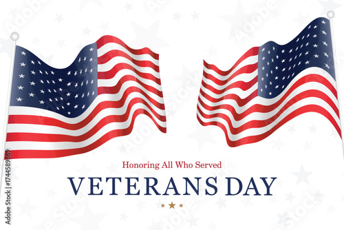 Vector banner with waving American flags for Veterans Day and patriotic USA holidays. USA background for celebration, honor and national pride events.