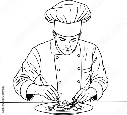 Chef, professional cook, culinary artist, plating food, fine dining, gourmet presentation, kitchen uniform, restaurant chef, gastronomy, cooking skills, culinary expertise