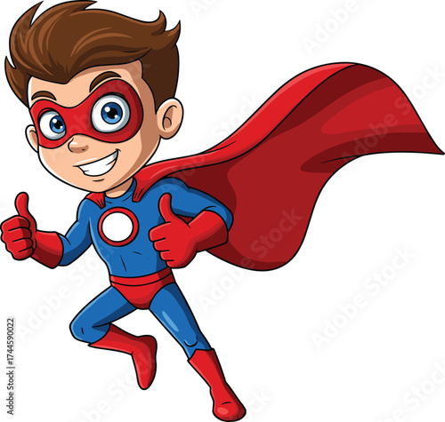 Cute cartoon superhero boy character, smiling in blue and red costume with cape, flying pose illustration, children hero vector art