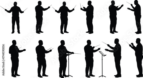 Silhouette orchestra conductor with baton, directing musicians, music leader in action, conducting performance, symphony, rehearsal, classical concert, vector illustration