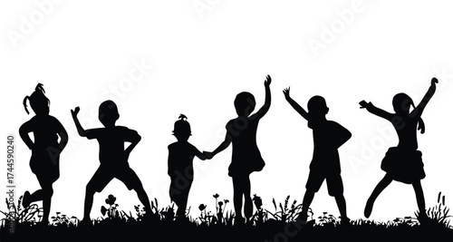 children, silhouettes, kids, happy, joyful, standing, grass, flowers, nature, outdoors, playing, fun, celebration, group, friends, childhood, innocence, summer, spring, isolated, white background, hum