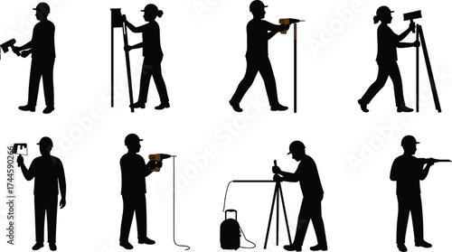 Silhouettes of construction workers using drills and tools — professional builders with equipment and ladders in industrial black and yellow design