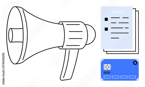 Megaphone alongside documents and a payment card, symbolizing communication, promotion, e-commerce, and fintech. Ideal for marketing, advertising, business finance media strategy technology. A