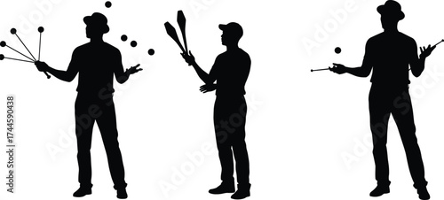 Silhouette jugglers performing with balls and clubs, circus entertainers demonstrating coordination, balance, and artistic skill in black vector art