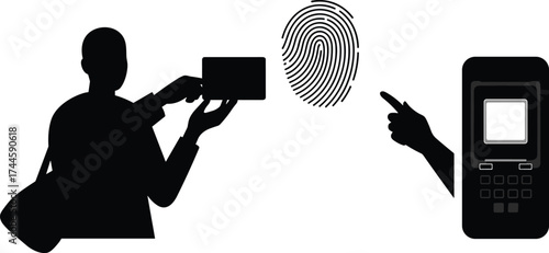 Biometric fingerprint authentication system concept with businessman using secure ID card and fingerprint scanner for access verification illustration