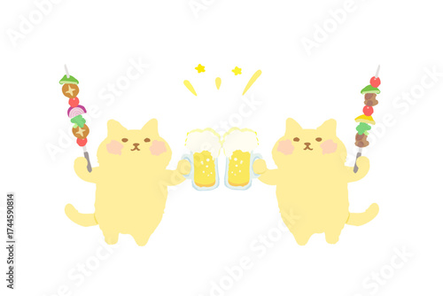 BBQ・ビールとバーべキュー串を持って乾杯するかわいい猫のベクターイラスト素材