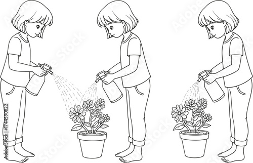 Child watering plant illustration, gardening concept, eco friendly lifestyle, nature care, environmental education, growth metaphor, blooming flowers, sustainability, nurturing, learning