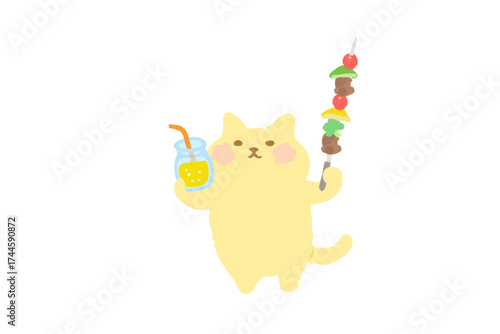 BBQ・ドリンクとバーべキュー串を持って乾杯するかわいい猫のベクターイラスト素材