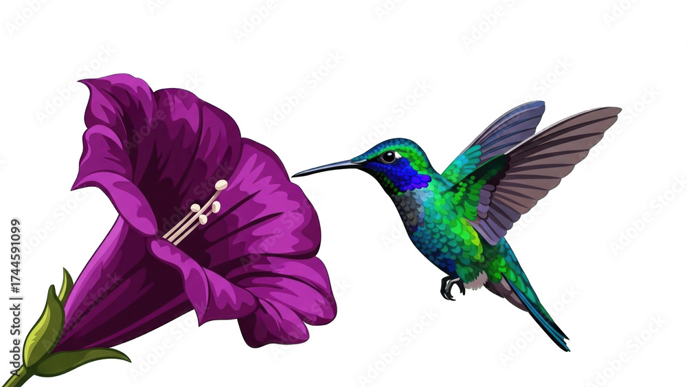 Obraz premium Colorful hummingbird hovering near vibrant flower