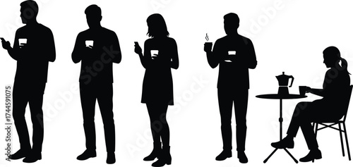 Coffee lifestyle silhouettes, people drinking coffee, smartphone users, casual routine, steaming cup, coffee break, social interaction, modern cafe culture, relaxation, beverage moments