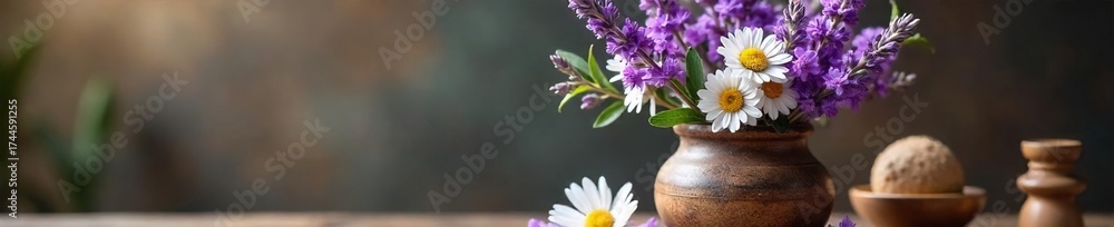 Obraz premium Serene Lavender and Chamomile Floral Arrangement in Rustic Vase Spa, Wellness, Aromatherapy