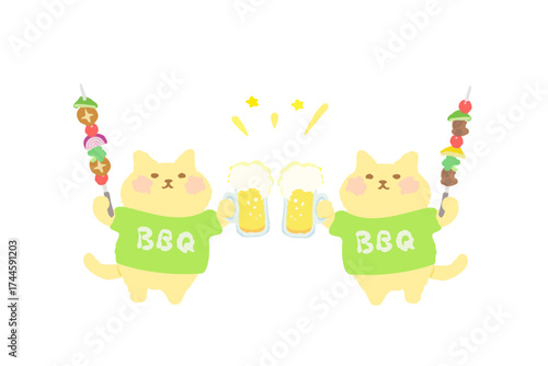 BBQ・ビールとバーべキュー串を持って乾杯するかわいい猫のベクターイラスト素材