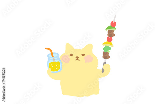 BBQ・ドリンクとバーべキュー串を持って乾杯するかわいい猫のベクターイラスト素材