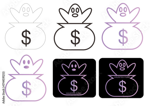 Ghostly Treasure Bag with Dollar Sign Icon Set - Spooky Halloween and Financial Symbols