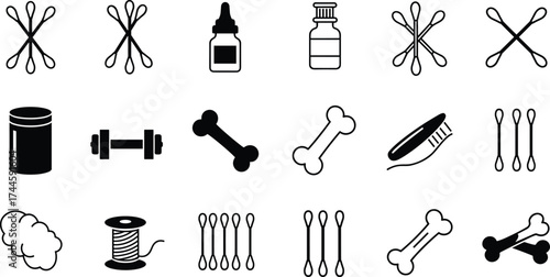 Cotton swabs, medicine bottle, dropper container, dumbbell, bone icon, toothbrush, thread spool, hygiene tools, healthcare items, personal care, medical illustration