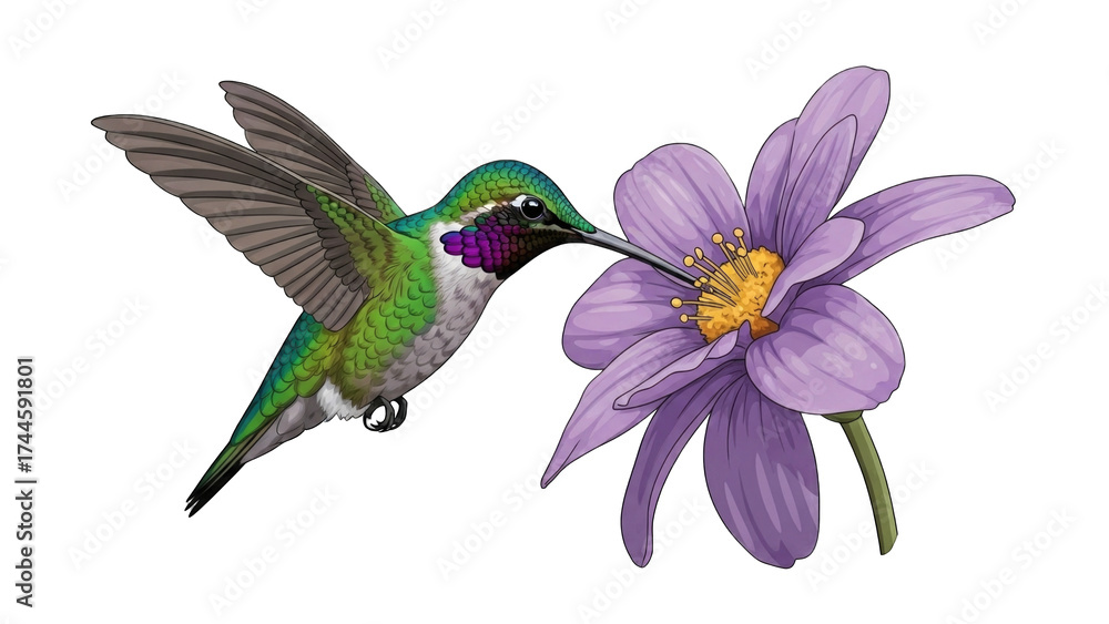Obraz premium Colorful hummingbird hovering near a vibrant flower (1)