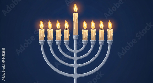 Menorah with nine candles lit for hanukkah holiday on blue background