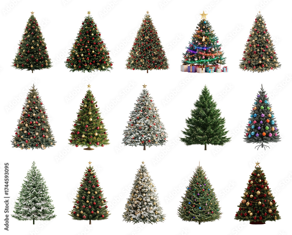 Obraz premium PNG Diverse decorated Christmas trees collection, element set on transparent background