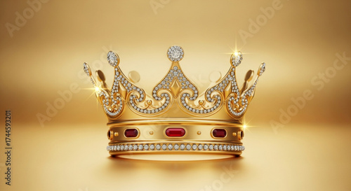 Elegant golden crown with diamonds and rubies on a golden background