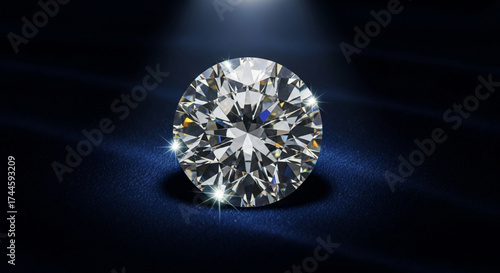 Sparkling round cut diamond on a dark blue background with light spot