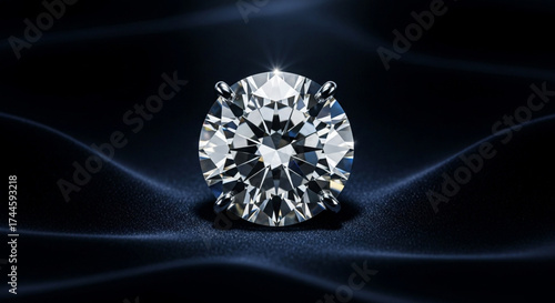 Elegant round cut diamond on a dark blue silk background with light spot