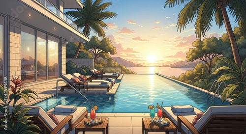 Luxury villa with pool overlooking the ocean at sunset