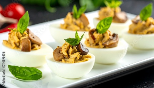 Deviled eggs, topped with mushrooms and basil leaves