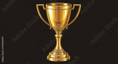 Golden trophy cup with handles on a dark background for winner concept