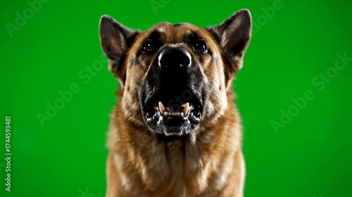 German Shepherd Dog Barking Aggressively on Green Screen