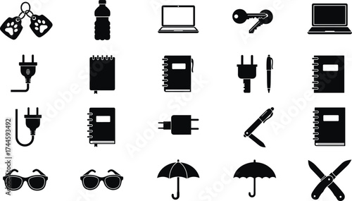 Minimalist black icons set, everyday objects, keychain, laptop, notebook, sunglasses, umbrella, pen, plug, water bottle, multi-tool, vector illustration