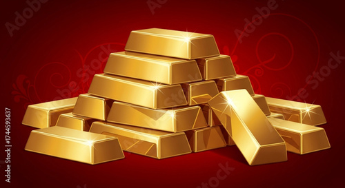 Pile of shiny gold bars stacked on a red background for wealth concept