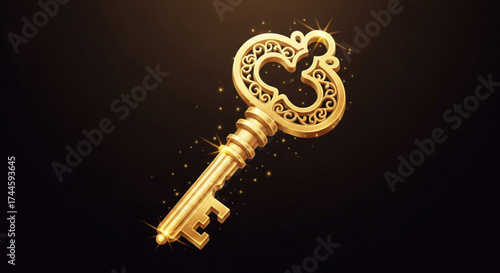Ornate golden key with sparkling glitters on a dark background