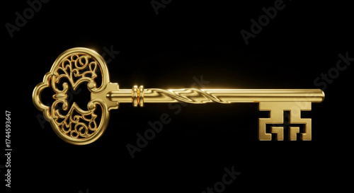 Ornate gold key with intricate design isolated on a