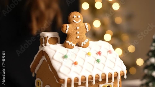 Gingerbread man placed on a decorated gingerbread house roof