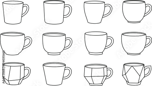 Minimalist mug collection, ceramic coffee cup set, modern kitchenware design, geometric tea mugs, stylish drinkware, porcelain cup shapes, product mockup inspiration