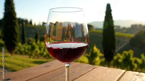 Glass of Red Wine in a Vineyard at Sunset