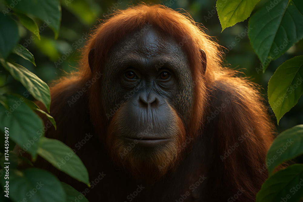 Fototapeta premium Intimate Portrait of an Orangutan Surrounded by Lush Green Foliage
