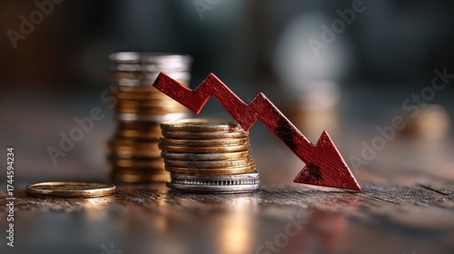 Inflation and global economy crisis concept with red arrow going down on golden coin stacks. 3D rendering