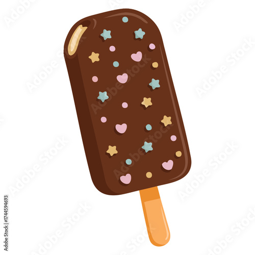 Cartoon flat vector illustration chocolate ice cream on stick with colorful icing symbol of summer holidays perfect for logotype company organization tropical design