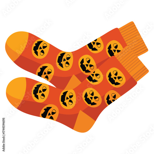 Cartoon flat vector illustration of stylish socks with pumpkin print ideal for Halloween themed clothing, social networks, accessories, and festive design