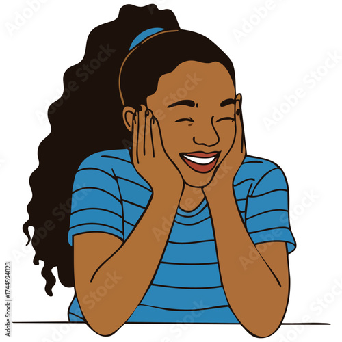 Cheerful female character vector illustration leaning her head on hands young woman relaxing thinking with eyes closed ideal for everyday life cartoon and lifestyle themes