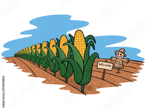 Cartoon vector illustration of work in field with corn plants and stems ideal for countryside, rural village, farming, and nature themed poster or banner designs